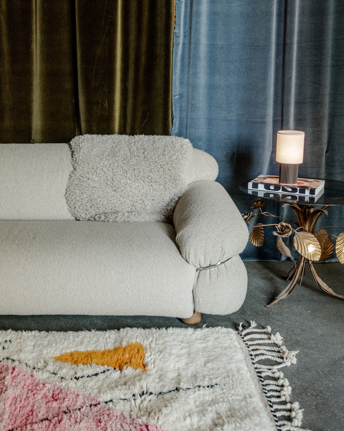 Modern, designer, handcrafted Berber rug from Morocco. Beniourain carpet with beautiful colours and patterns and fluffy wool texture.